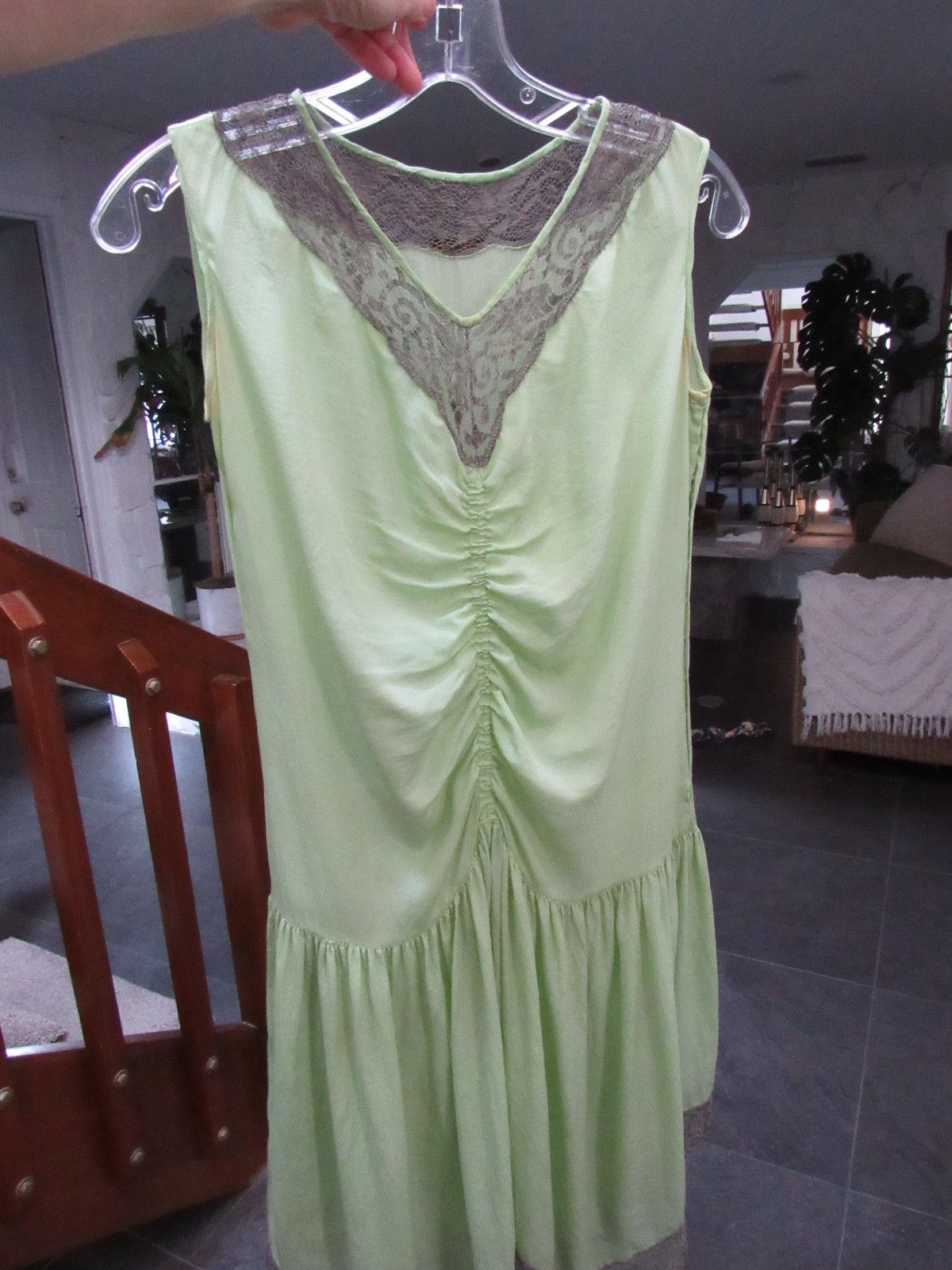 ROMANTIC 20s 30s SILK FLAPPER lace green Art Deco Dress fairy VTG whimsigoth S