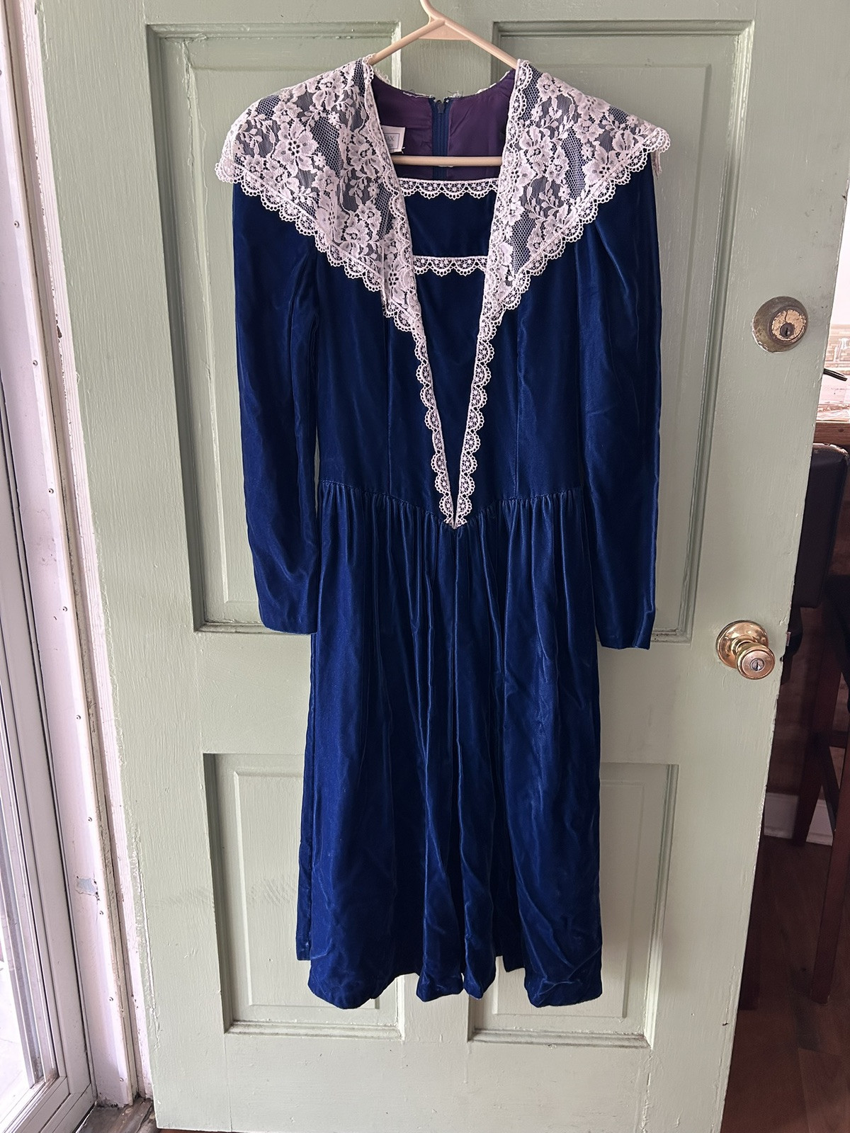 80s Vintage Gunne Sax Blue Velvet Lace Southern Belle Church Girl Dress S