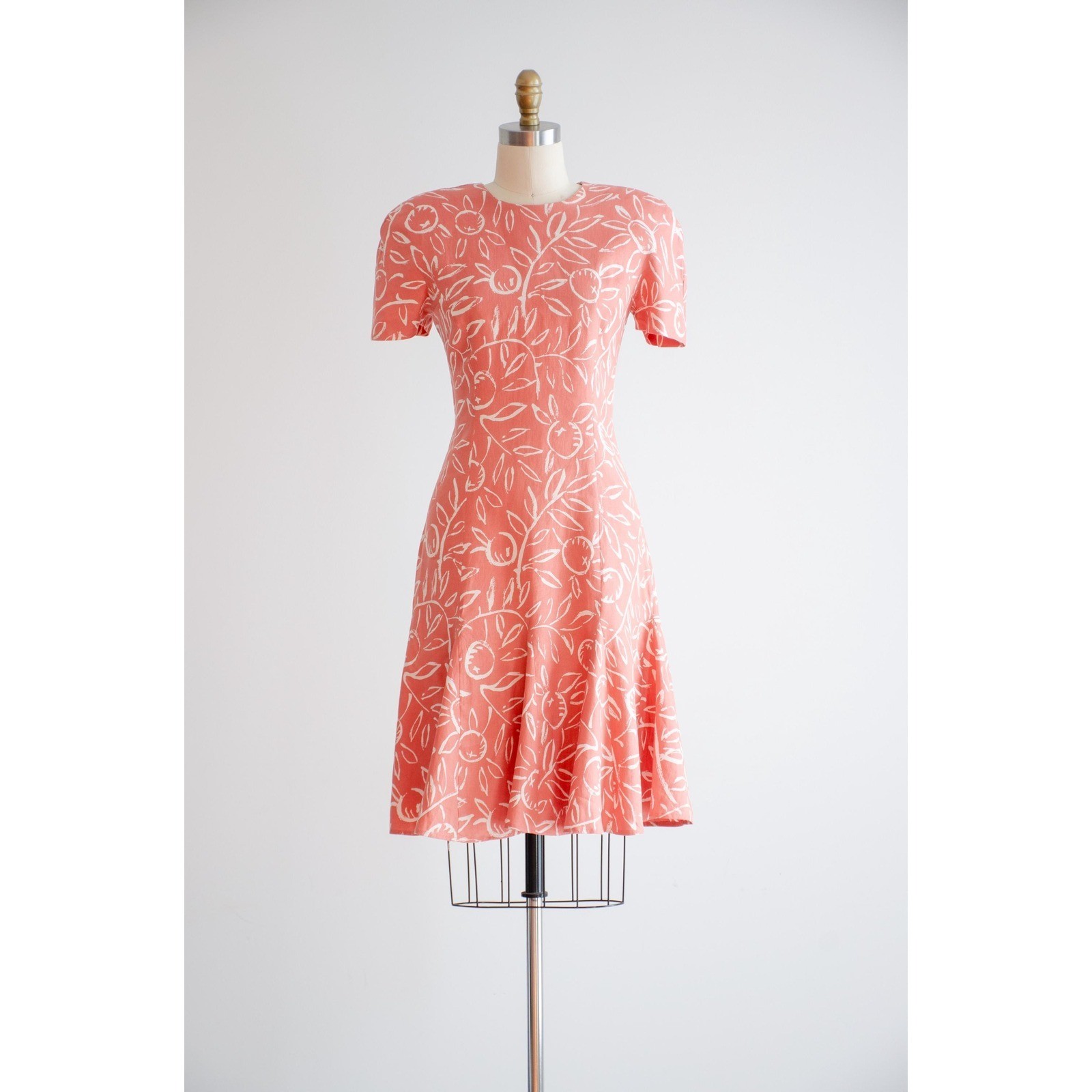 pink linen dress 80s vintage orange terra cotta fruit pattern mini dress