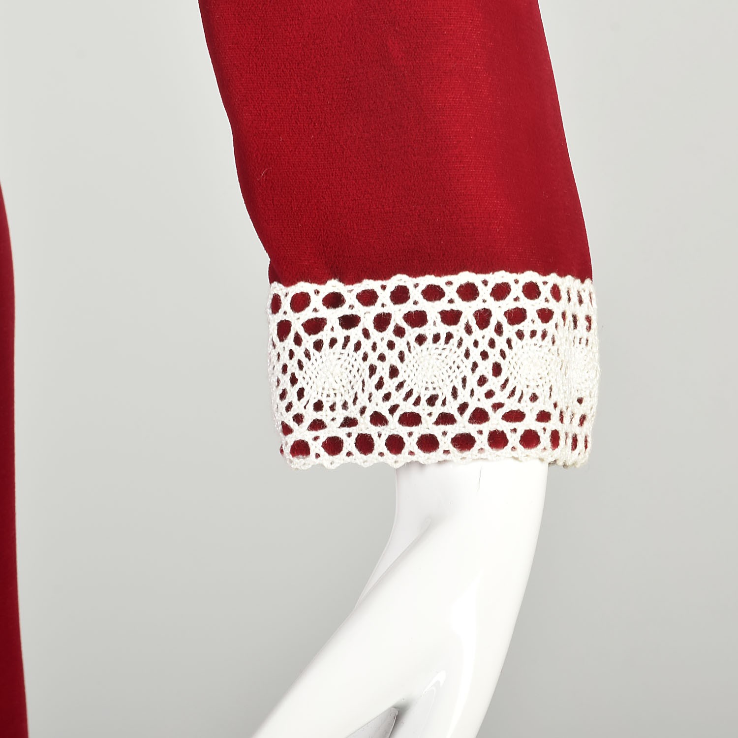 XS 1970s Red Velvet Dress Long Juliet Sleeve Empire Waist Lace Trim Formal Maxi