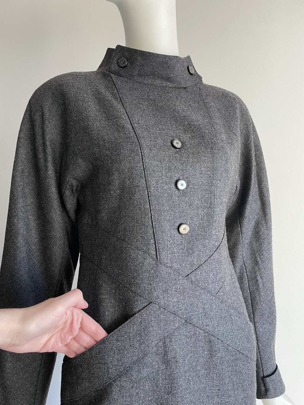 Vintage 1980s Chloe Gray Wool Dress Cross Front Buttons Shoulder Pads Size XS