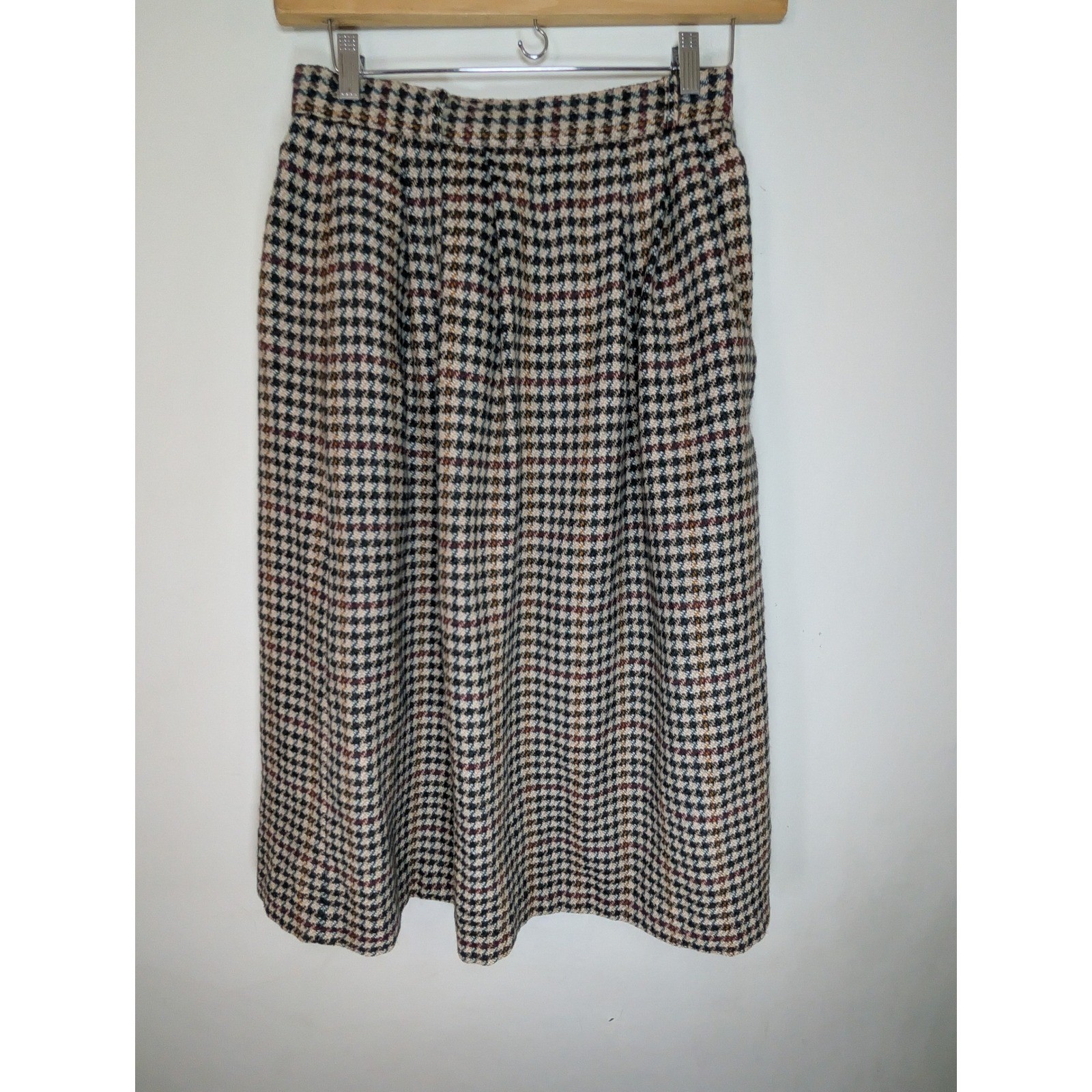 AUSTIN HILL Vintage 100% Wool Tweed Houndstooth Midi Skirt Pockets 10 Academia