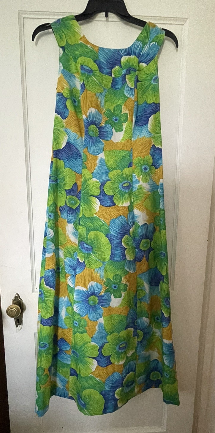 Vintage 70s Pomare Hawaiian Blue Green Floral Tiki Muumuu Maxi Dress Sz 12