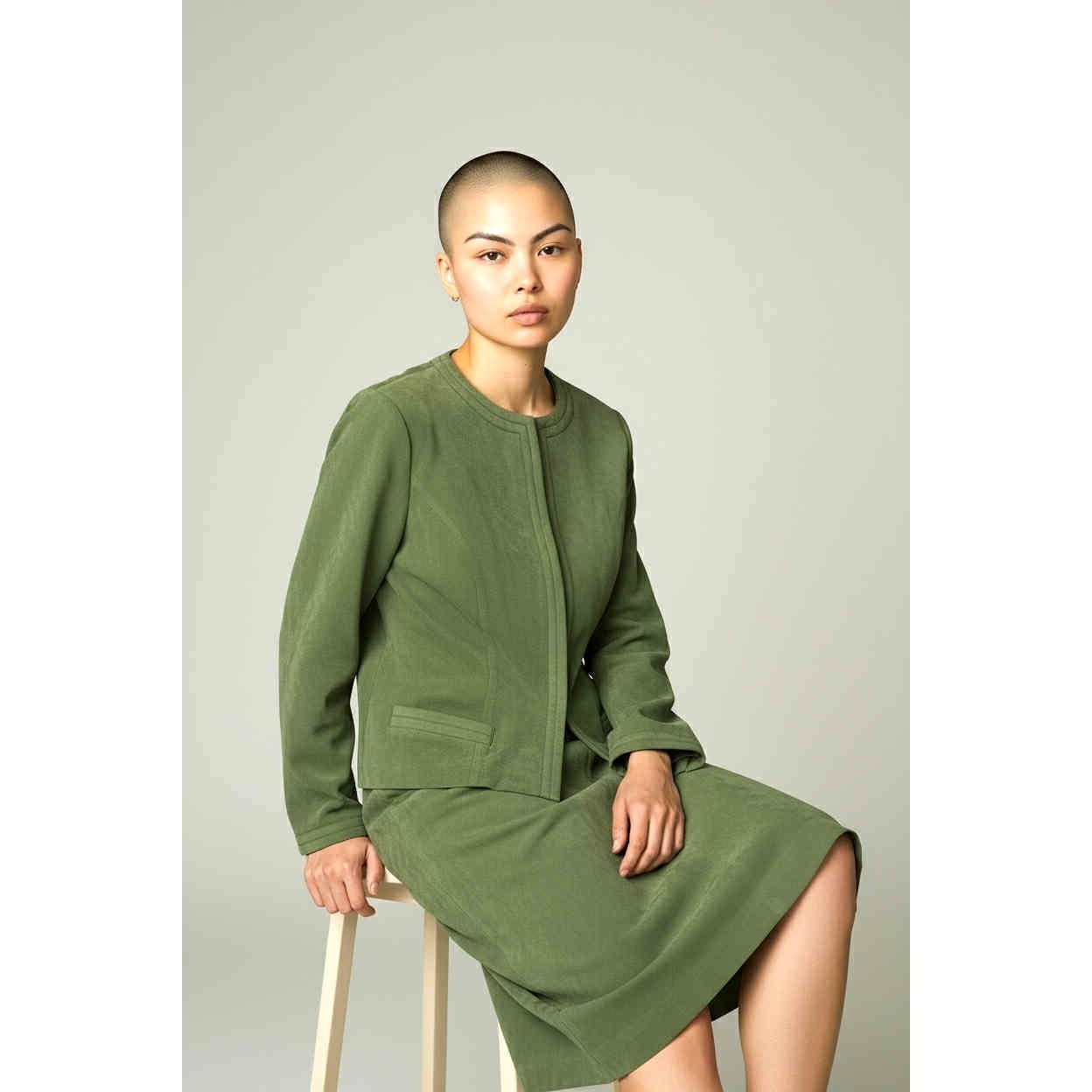 Vintage 70s James Chen Hong Kong Brushed Suede 2-Piece Skirt Suit Moss Green S