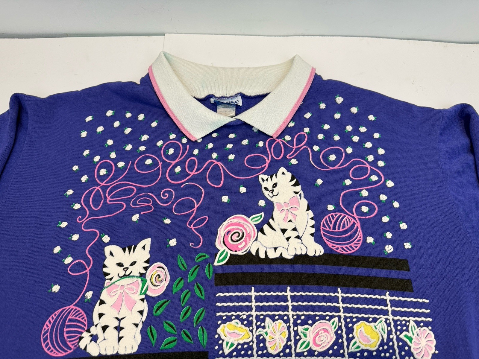 Vtg Quips Purple CAT Kitten Sweatshirt Collared 80’s 90s Granny Sz Med/large