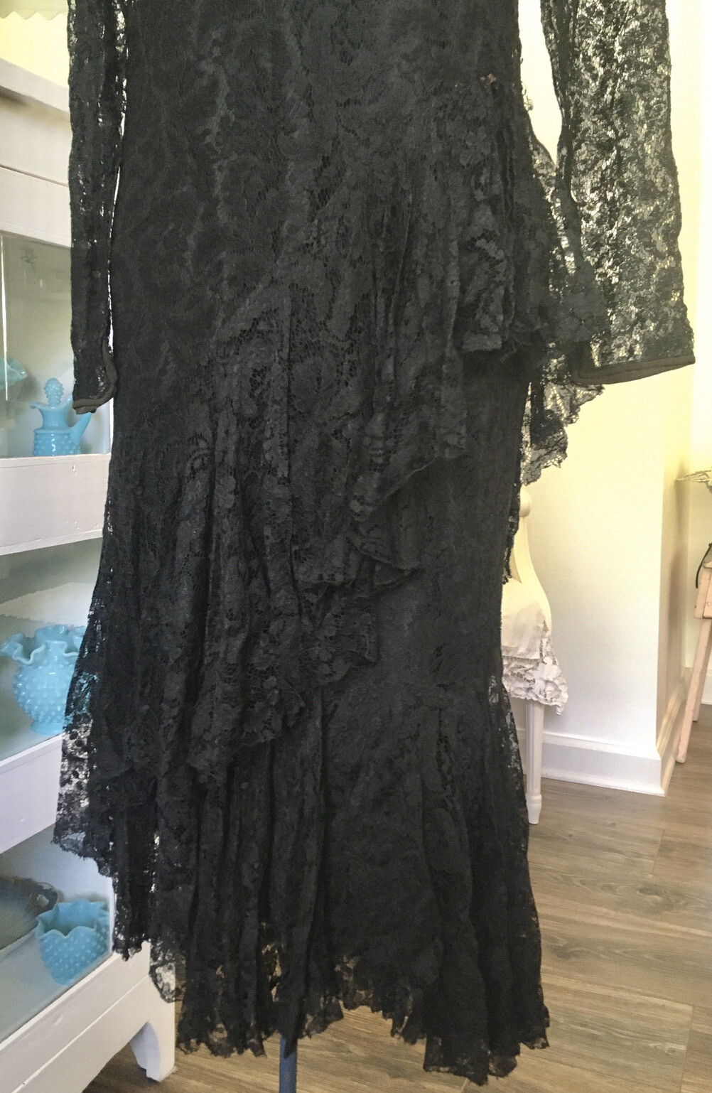 VTG 1920’s 30s Sheer BLACK LACE Evening Gown DRESS Bias Flounced RUFFLES Party