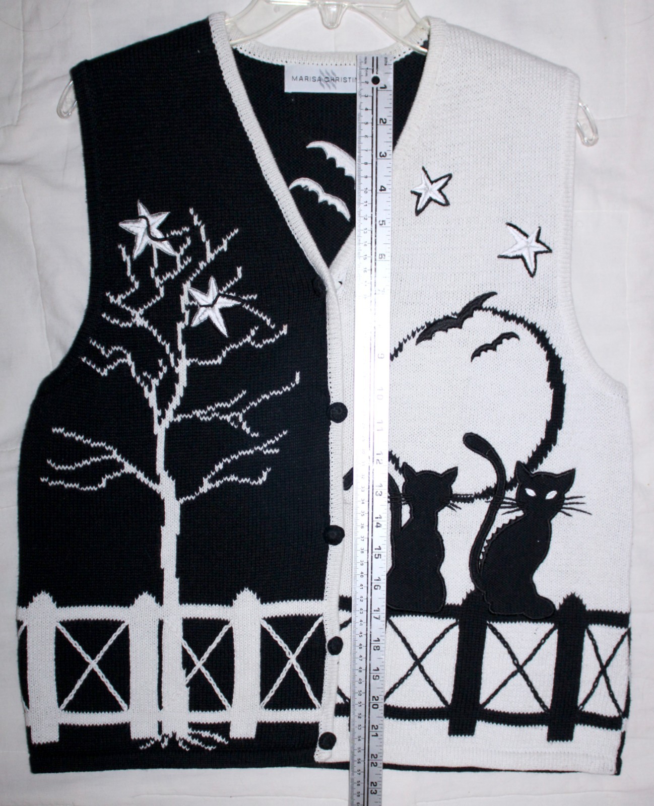 Marisa Christina Cat Sweater Vest Embroidered Black Cats Bats and Stars