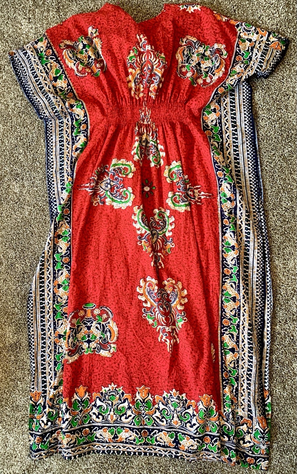 VTG RED BATIK Asian Maxi Long DRESS Kaftan Muumuu Lounge Flutter Empire LARGE