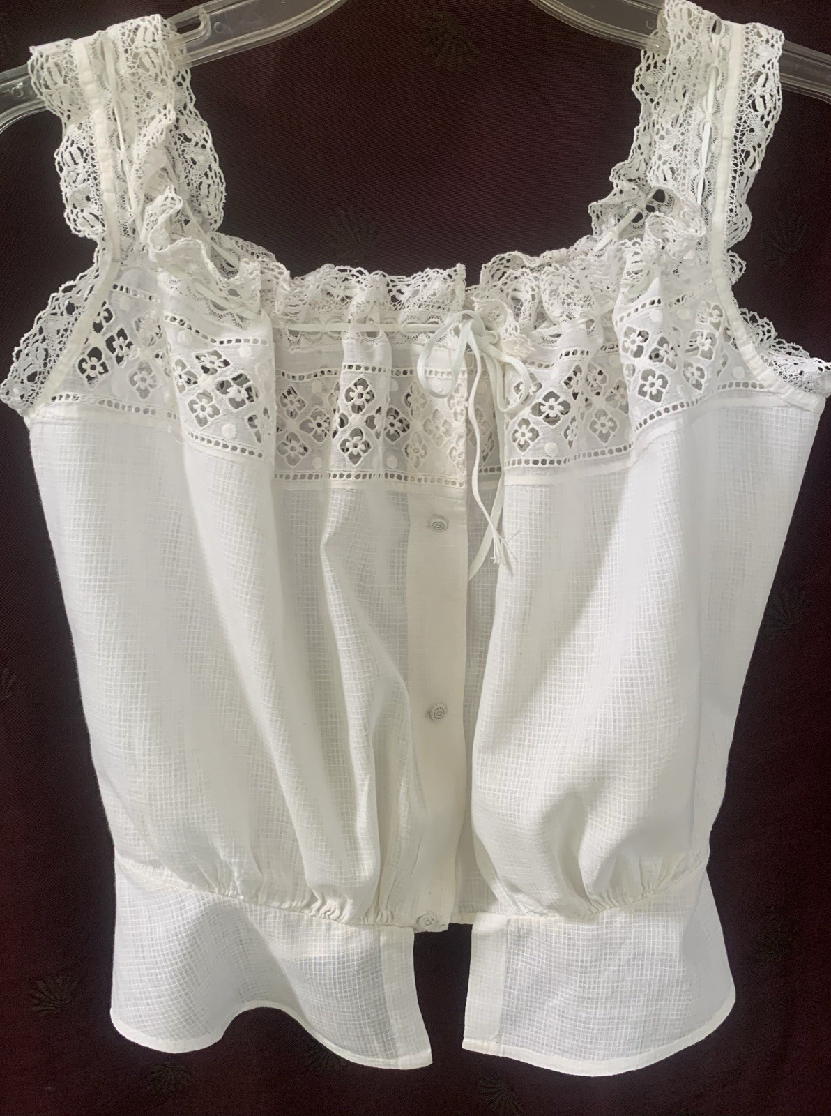 great 1900s Victorian corset cover/camisole white dimity+ lace, peplum, 25″waist