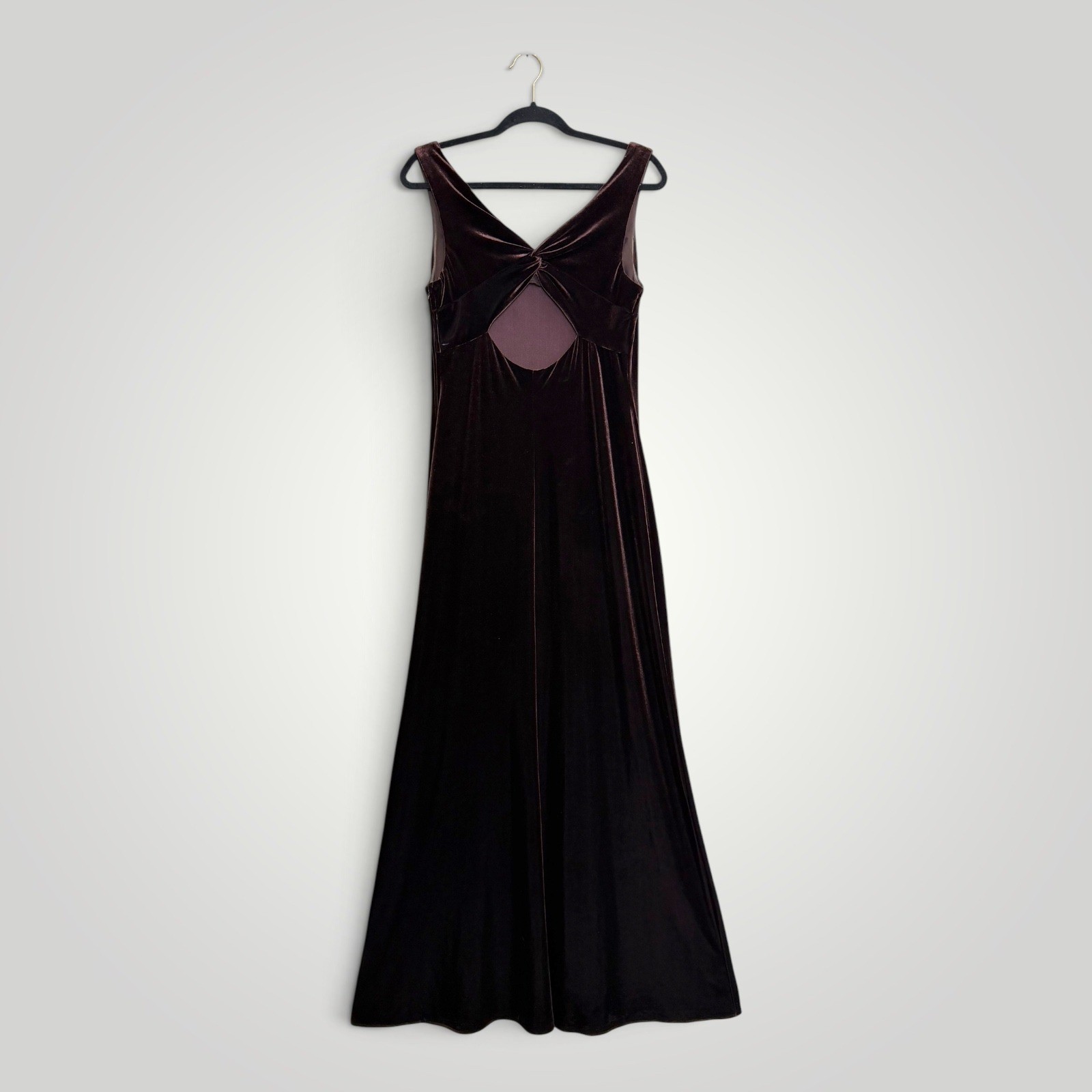 Vintage Niki by Niki Livas Brown Velvet Twist Back Maxi Dress Gown USA 10