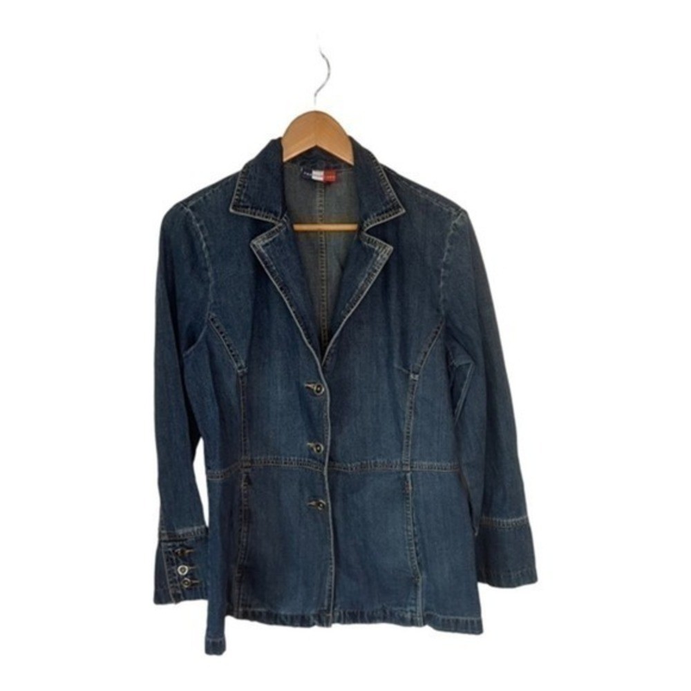 French Kuff Vintage Notched Lapel Button Front Blue Denim Jean Jacket Size Large