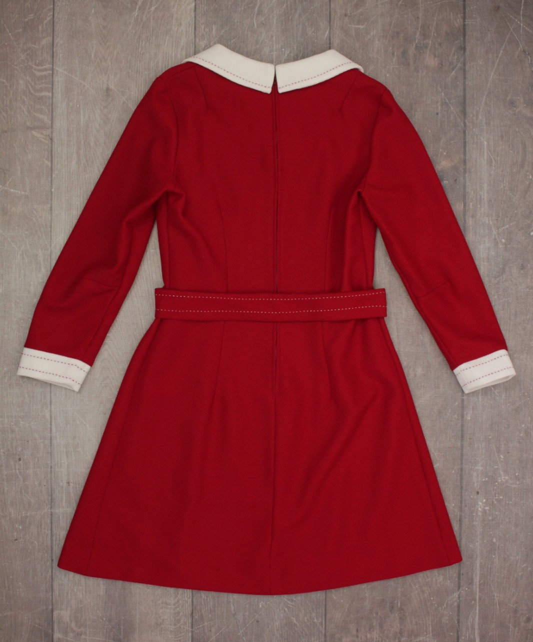 VTG Womens 60s Dark Red Long Sleeve Mini Dress W/ White Collar & Cuffs S/M 1960s