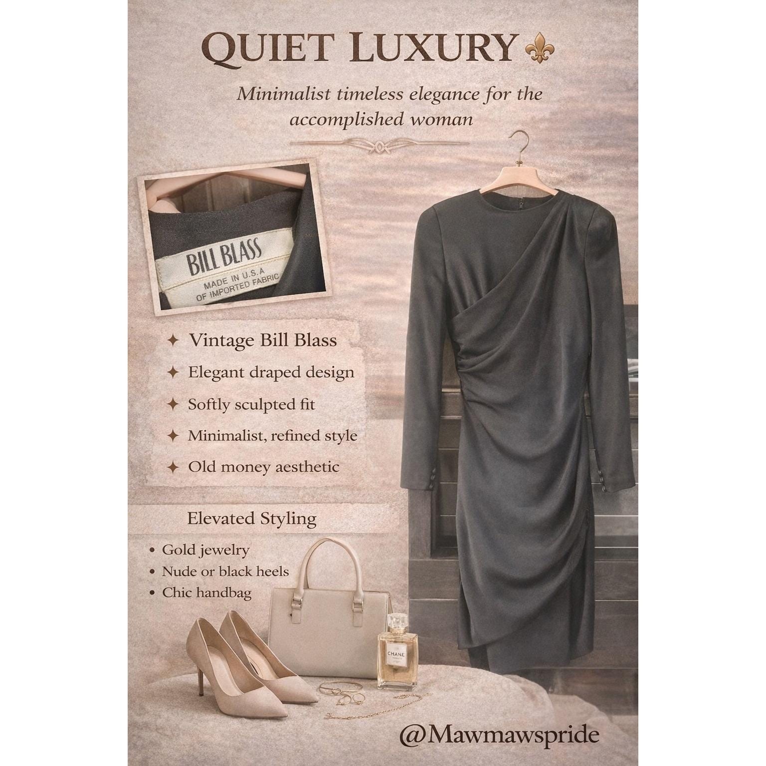 Vintage Bill Blass Black Draped Long Sleeve Cocktail Dress Quiet Luxury USA Made