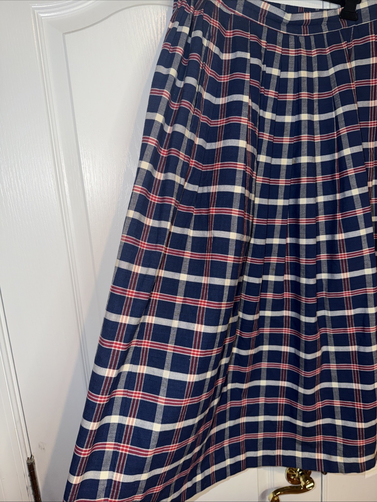Vintage Women Plaid Skirt Sz 8 10 Red White Blue PleatsPockets Midi Prairie USA