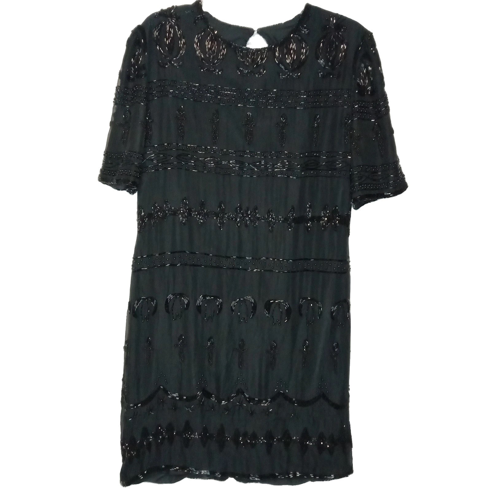 VTG Nite Waves Black Beaded Silk Dress Womens Sz M/L Cocktail Flapper Gatsby 80s