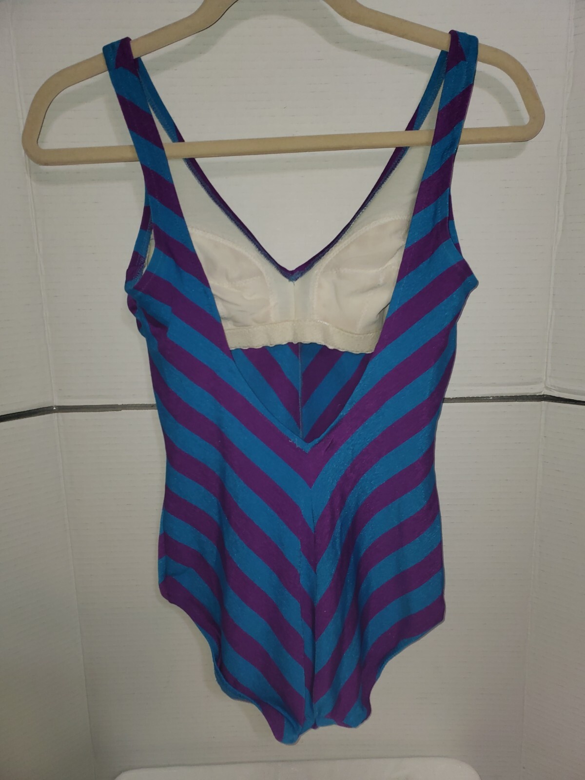 VTG 60s De Weese Design Sz 10/32 blue & purple stripe One Piece Swimsuit Pinup