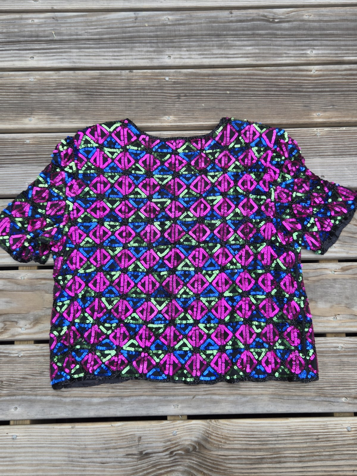 Vintage Sequin Jacket Womens Neon Geometric Beaded Party Top 80s Disco Glam