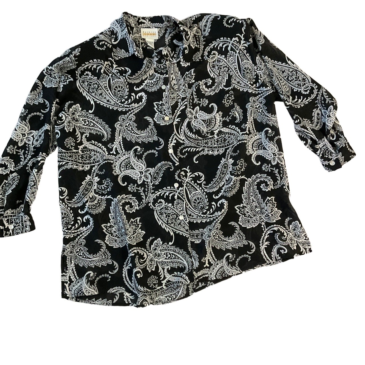 Kathryn Deene Black And White Sheer Collared Button Up Paisley Blouse Size 14/16