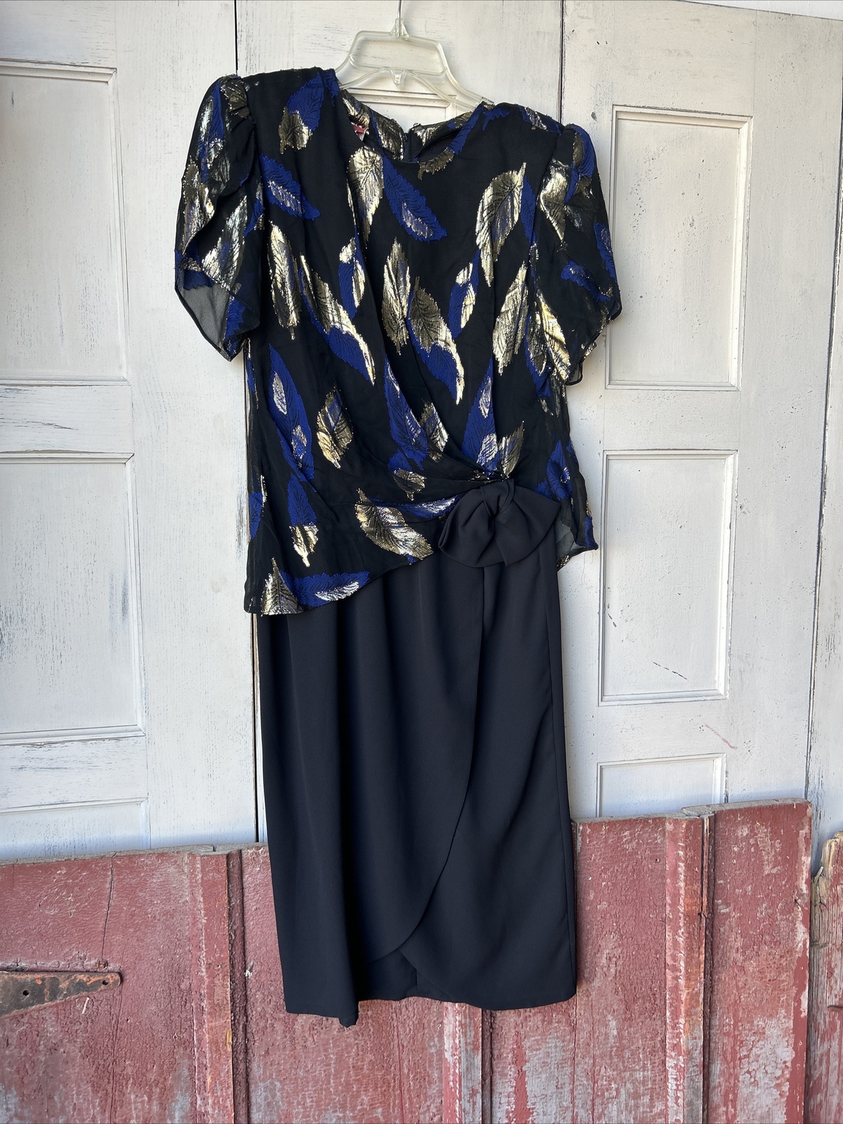 Vintage Women’s Dress Black Blue And Gold Leaves RetroSize 7/8 ILGWU Dry Clean