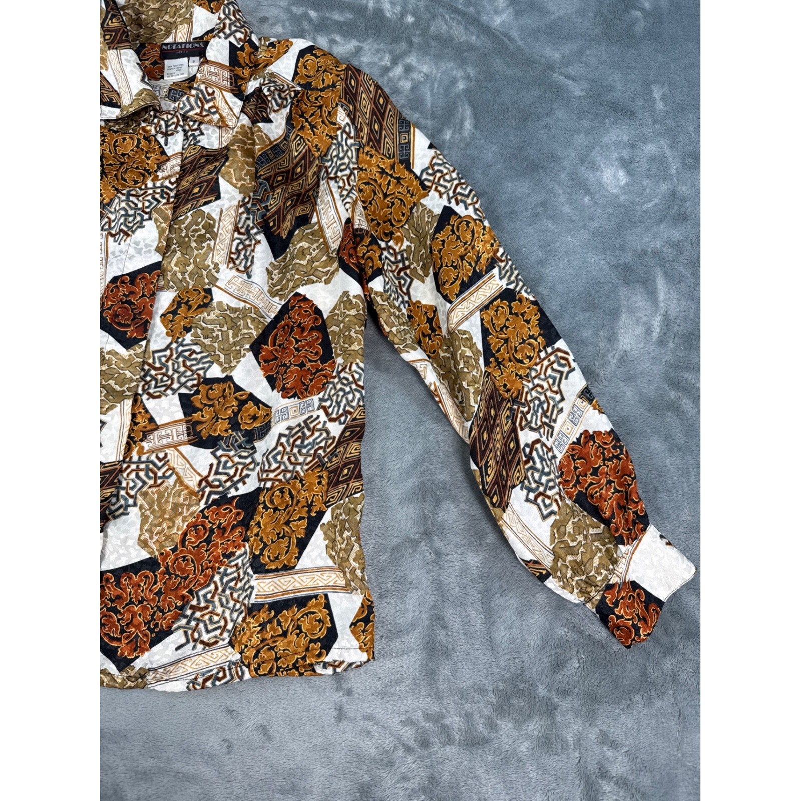Vintage Notations Petite Baroque Geometric Secretary Blouse Gold Rust Black 8P