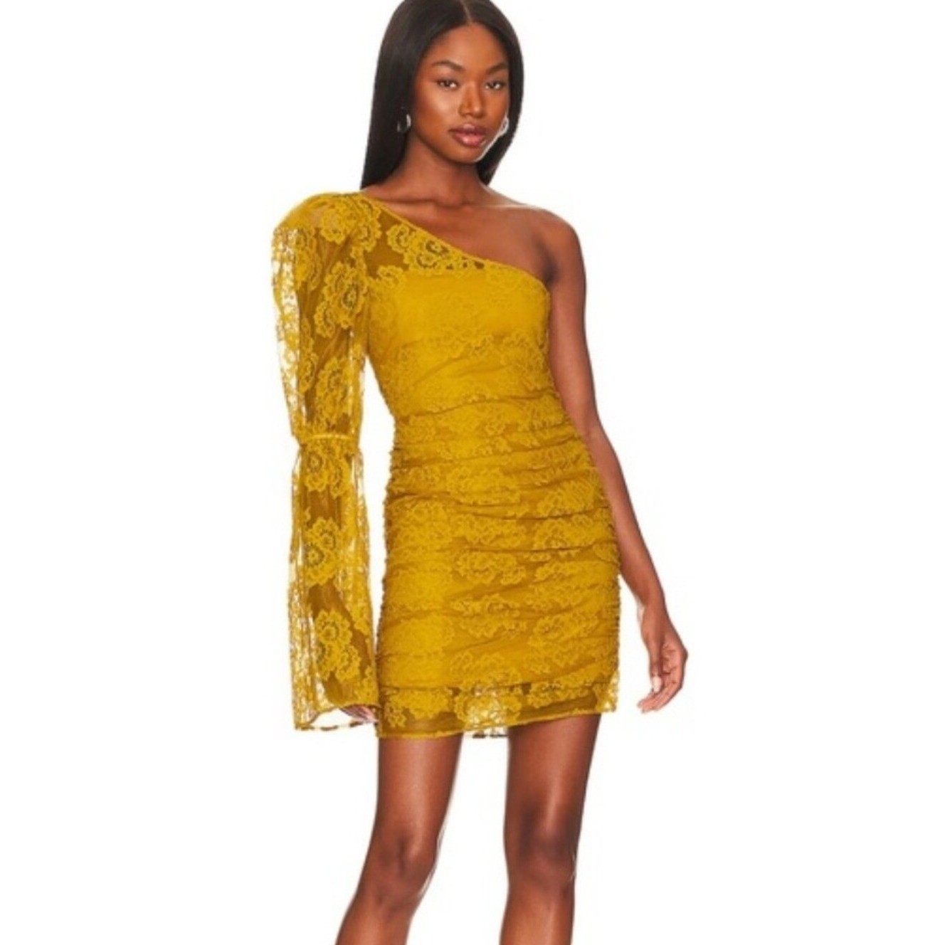 For Love & Lemons Tiana One-Shoulder Lace Mini Dress in Mustard