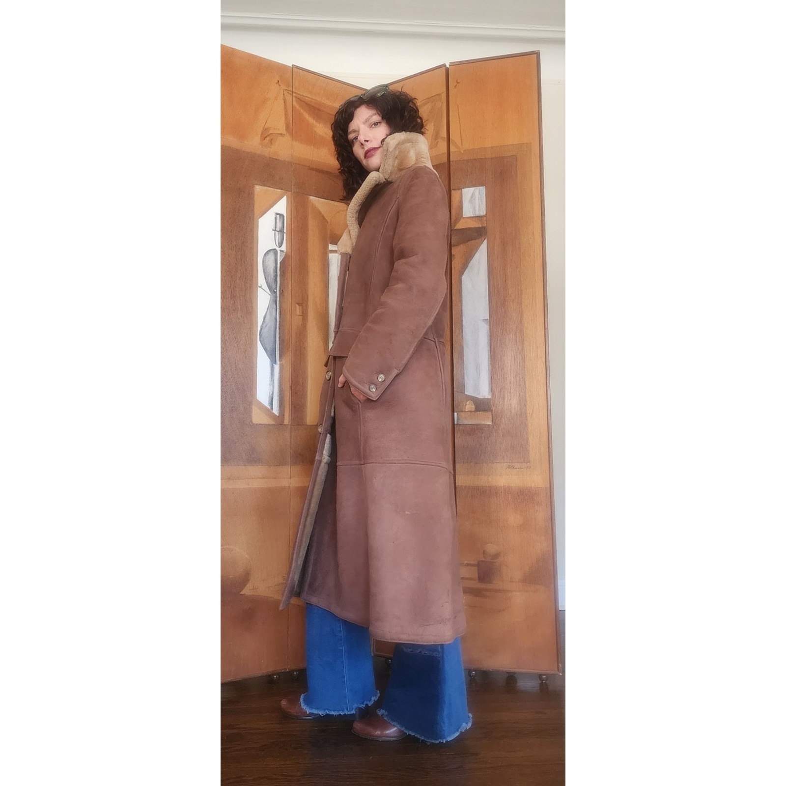 Vintage 1970s Shearling Coat Brown Suede Long Parka Double Breasted