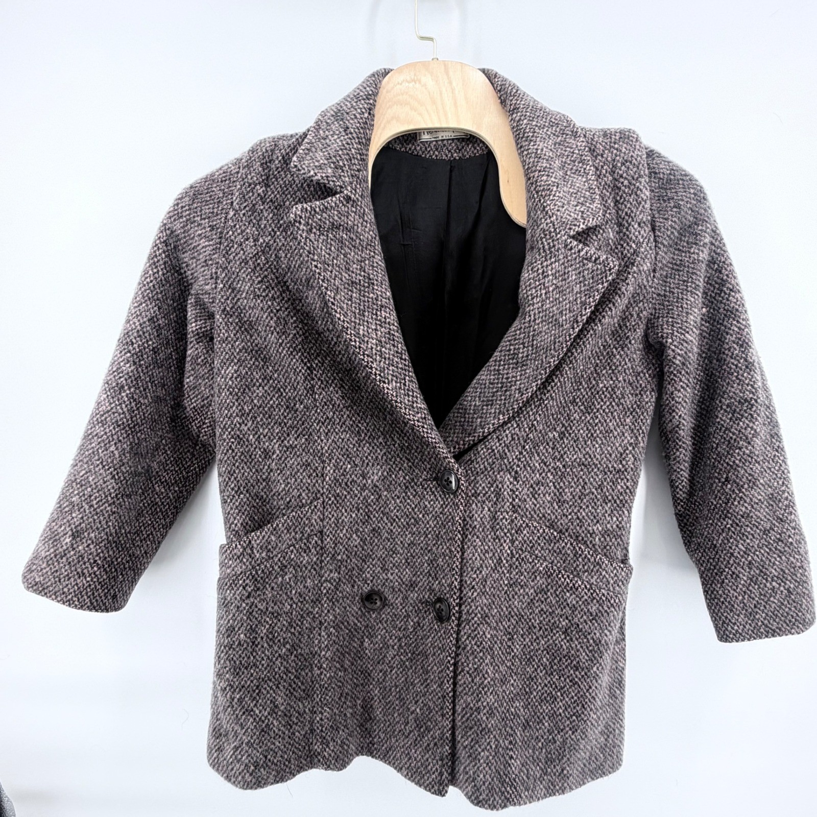 VTG Herman Kay Wool Coat Womens M Gray Tweed Herringbone Double Breasted Blazer