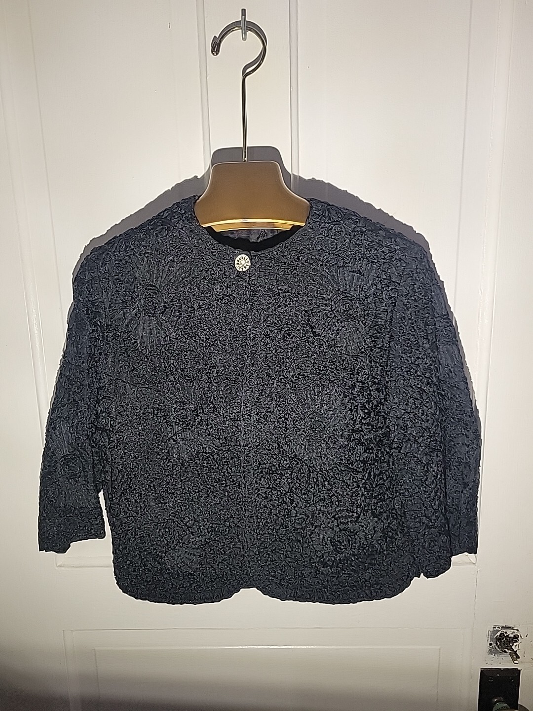 Vintage Black Ribbon Brocade 1/2 Sleeve Jacket, Snap Closure At Top, Size 12