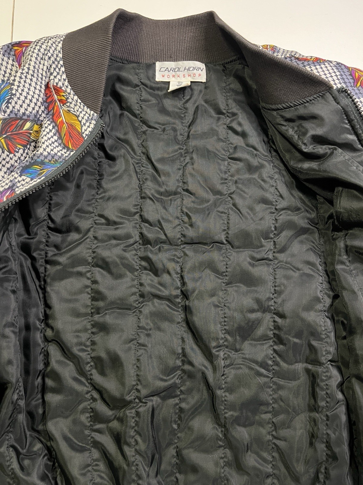 VTG 80s 100% Silk Bomber Jacket Carol Horn Feather Print W Sz M Oversized Retro