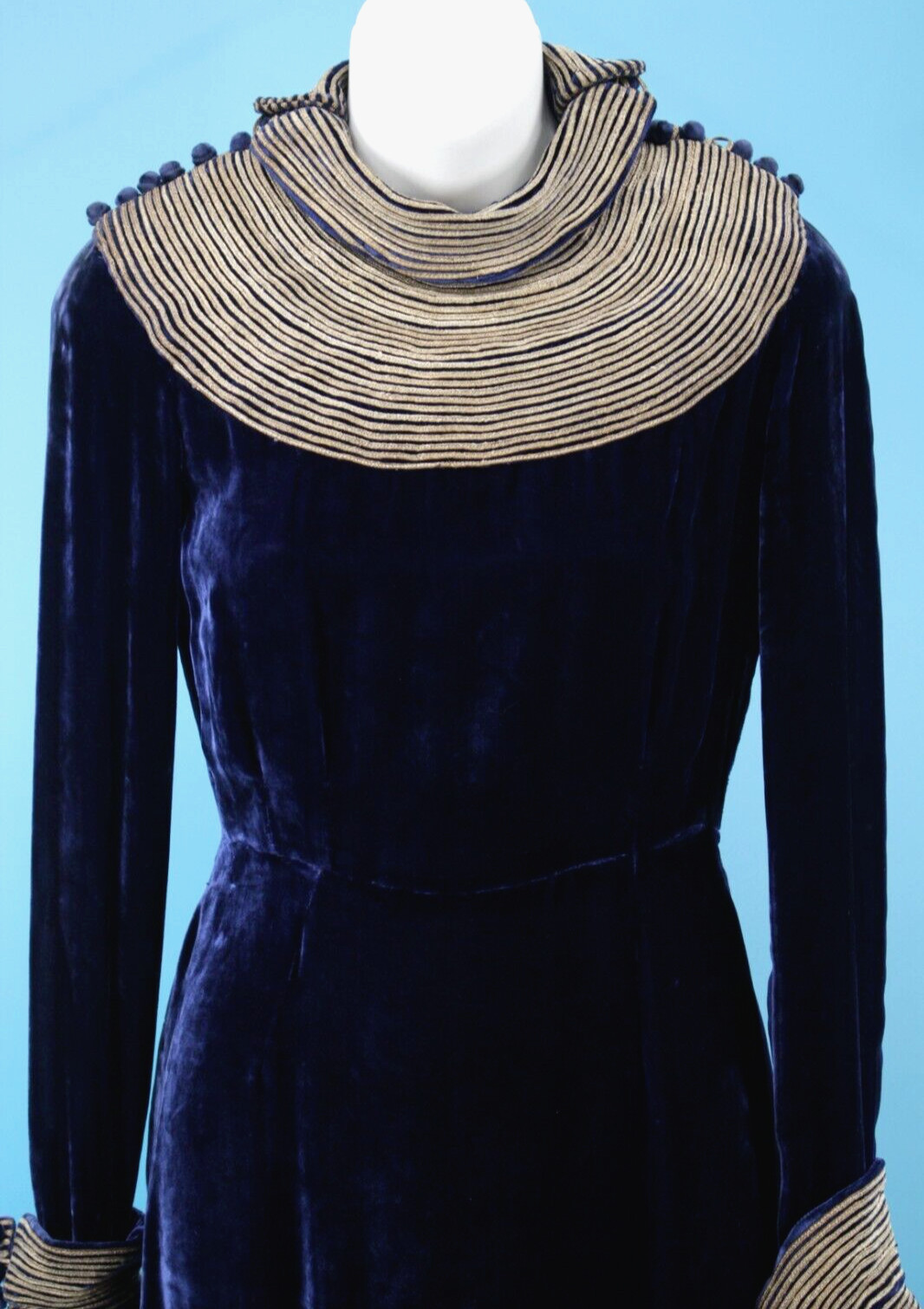 Vtg 30s Blue Velvet Maxi Dress W/ Gold Trim 1930s Fashion Originators Guild