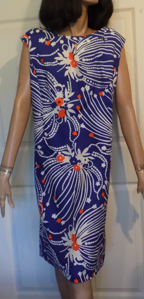 Vintage Red White Blue Cotton Shift Scalloped Neckline B46