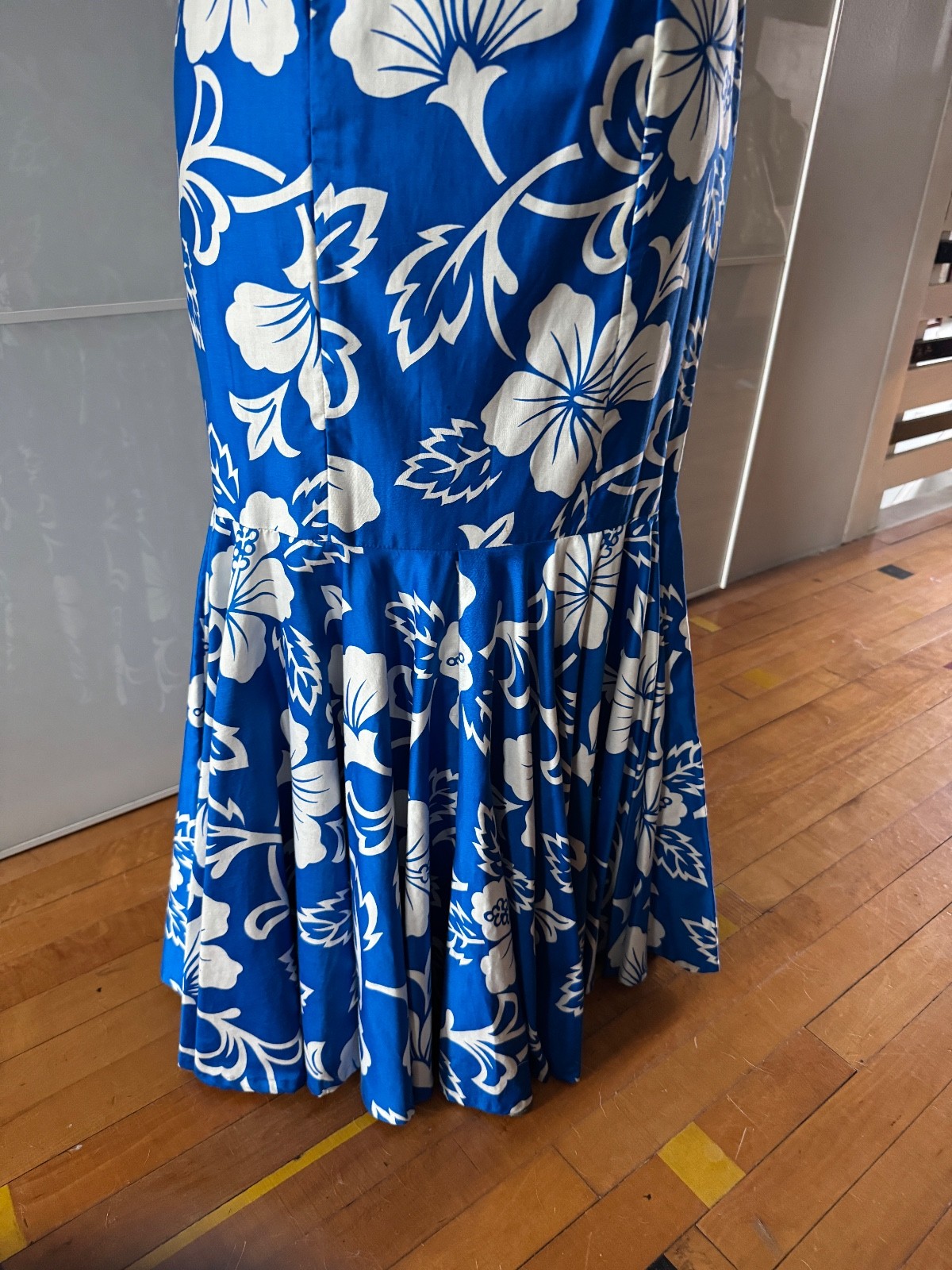 vintage Royal Hawaiian maxi mermaid flutter sleeves blue and white cotton dress