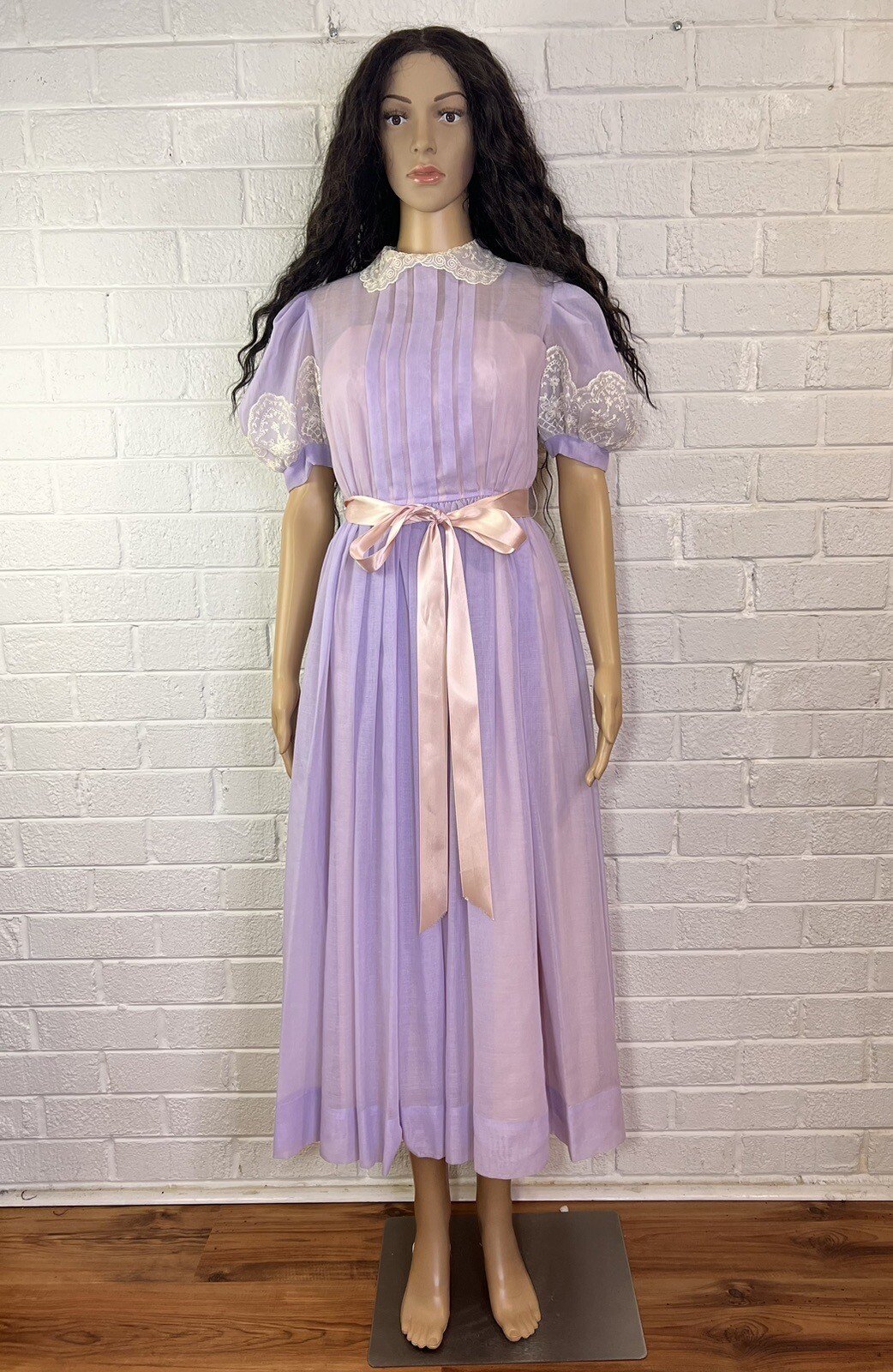 VTG 1970s Prairie Dress Cottage Core Purple/beige High Collar Lace XS