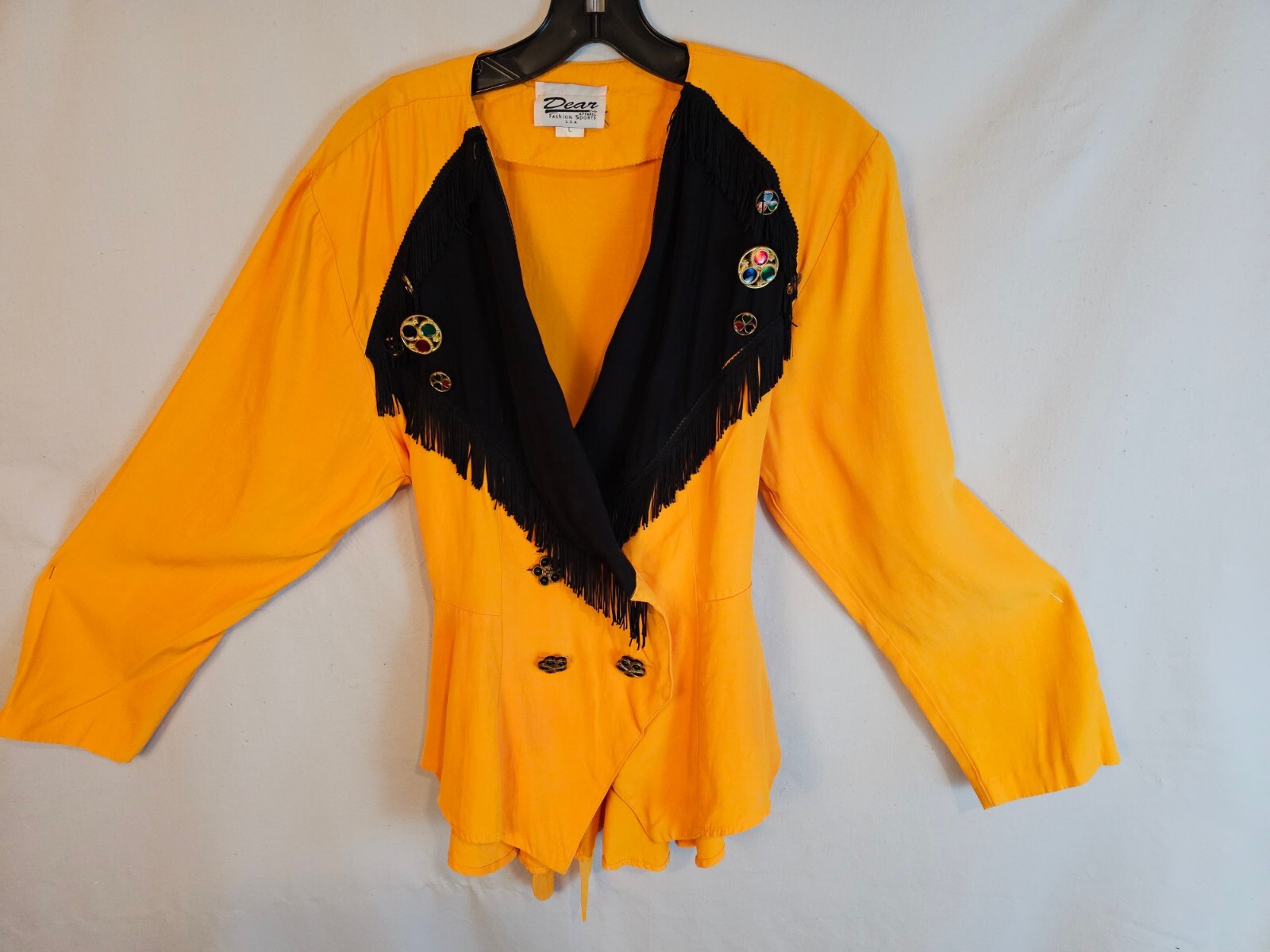 Vintage 90s Yellow and Black Peplum Blazer with Gold Jem fastens and Gold Button