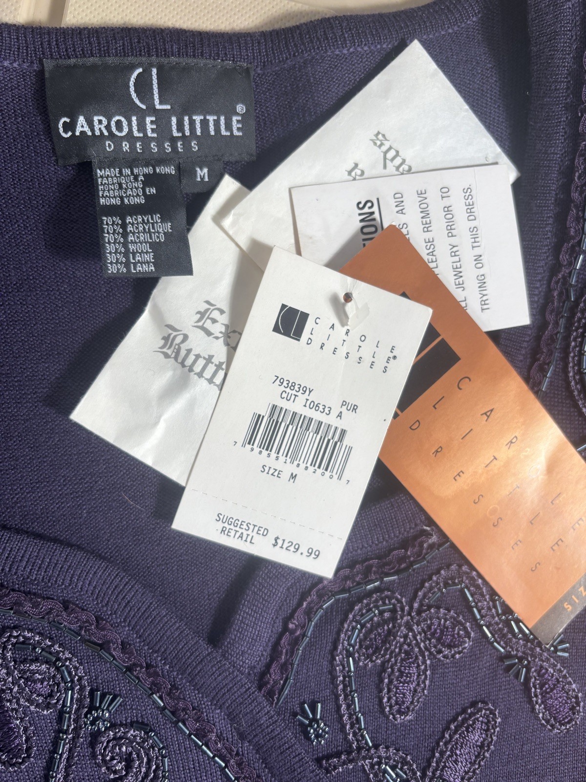 Vintage Carole Light Weight Long Sweater Dress NWT med Purple w/gorgeous beading