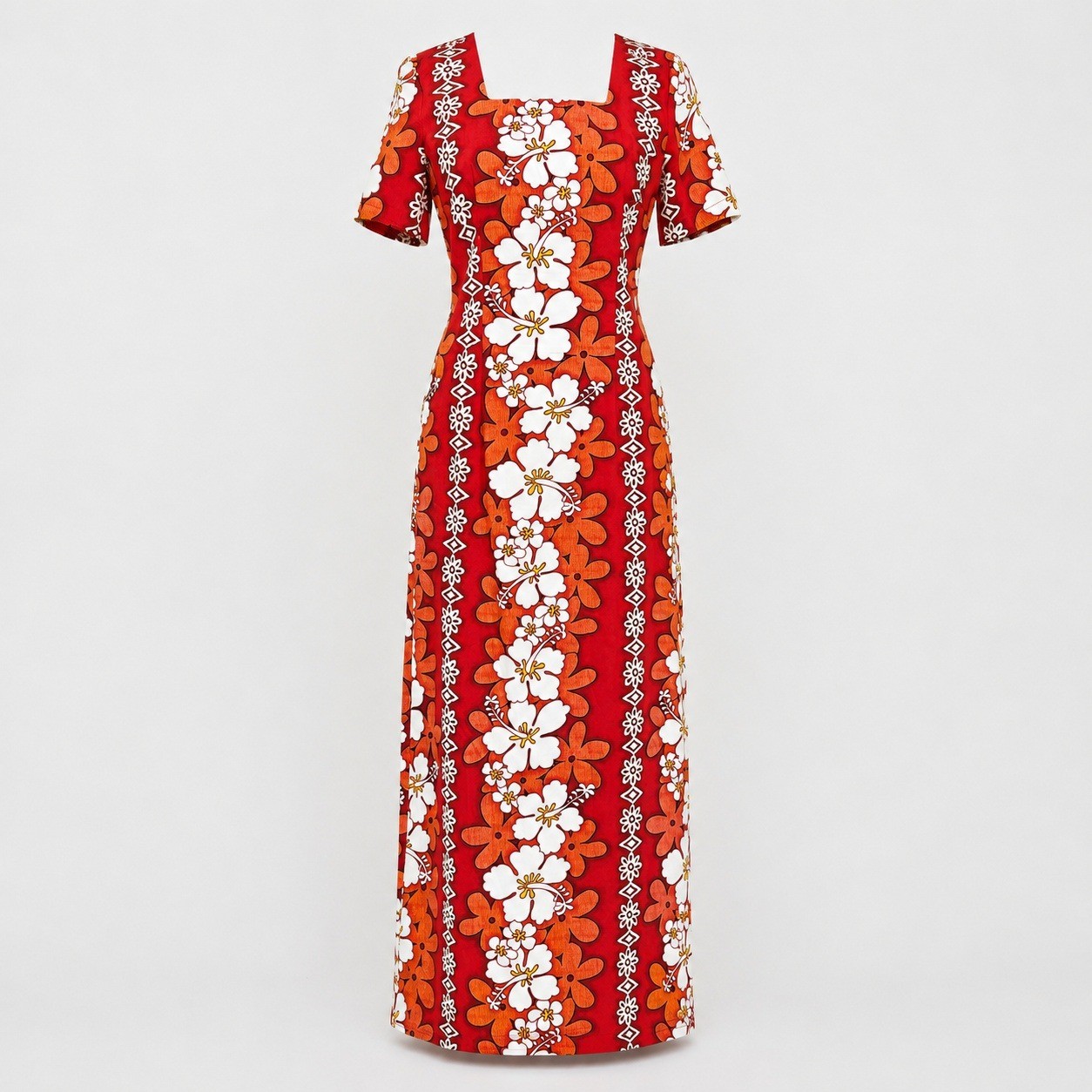 Vintage 90s Royal Creations Hawaii L Red Hibiscus Floral Maxi Dress Aloha Tiki
