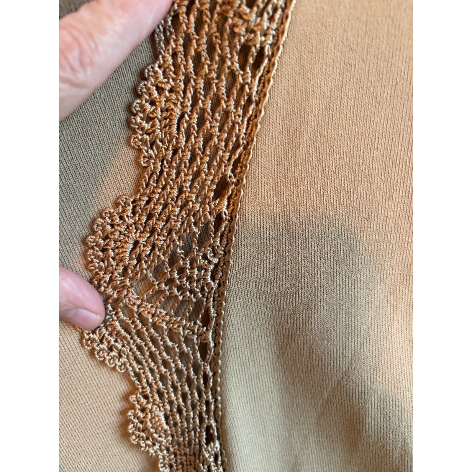Vintage Joseph A. Tan Crochet Lace Trim Cardigan Open Front 90s Knit Tan Medium