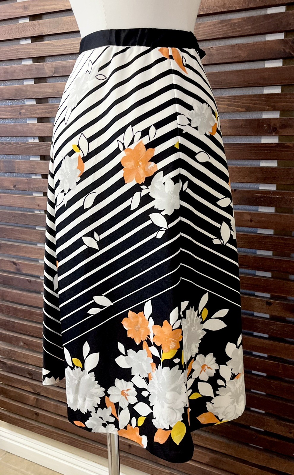 1970s Vintage Black White Striped Orange Yellow Floral High Waist Midi Skirt