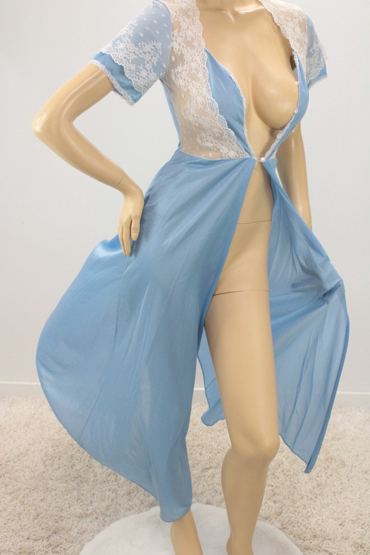 Vintage Stardust Peignoir Robe Small Medium Blue Nylon White Lace USA