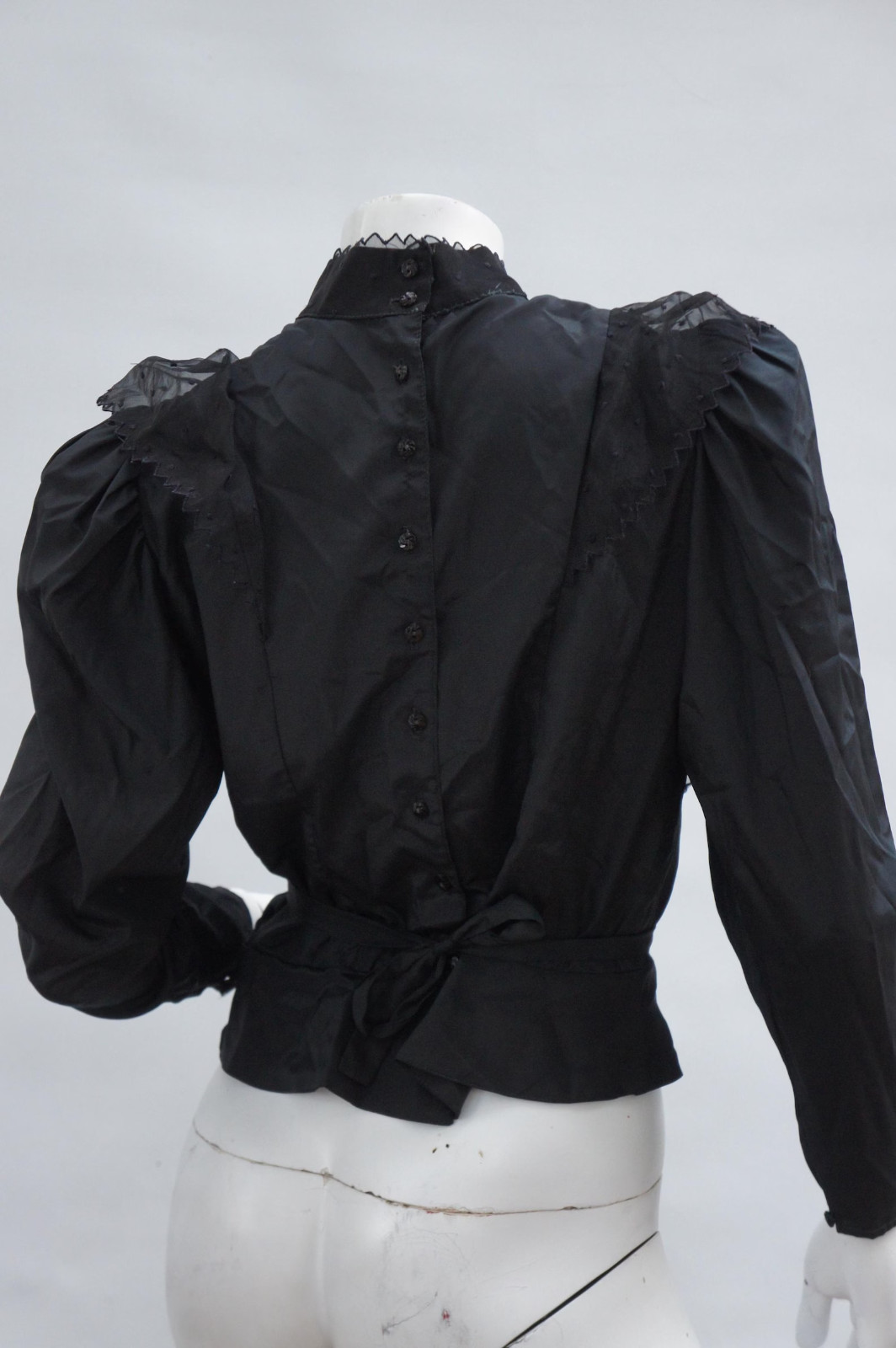 Vintage 70s-80s Black Lace Trim Blouse Victorian Style High Neck Prairie Boho Co