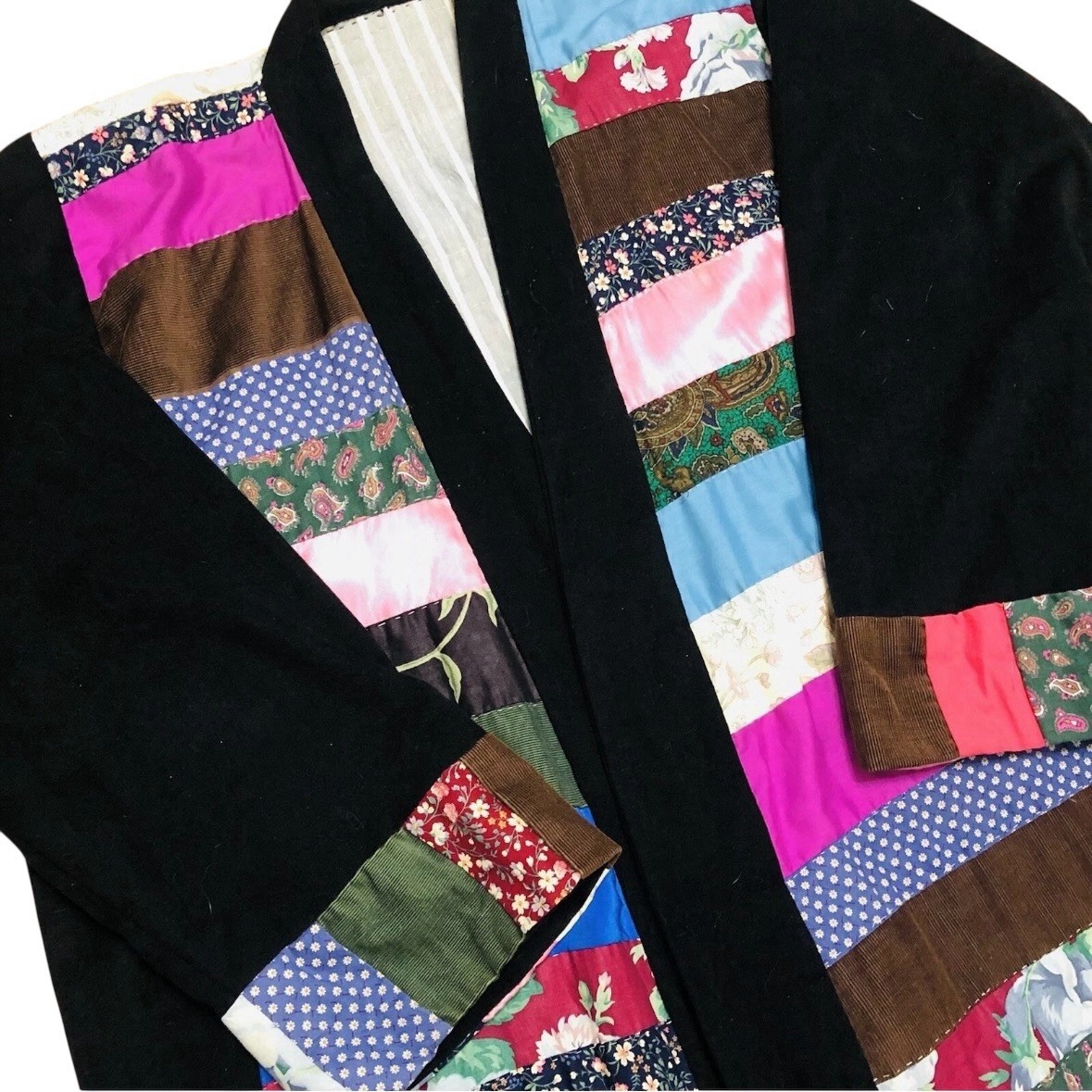 Vintage 60s 70s Velvet Patchwork Duster Jacket Long Maxi Coat Large / XL