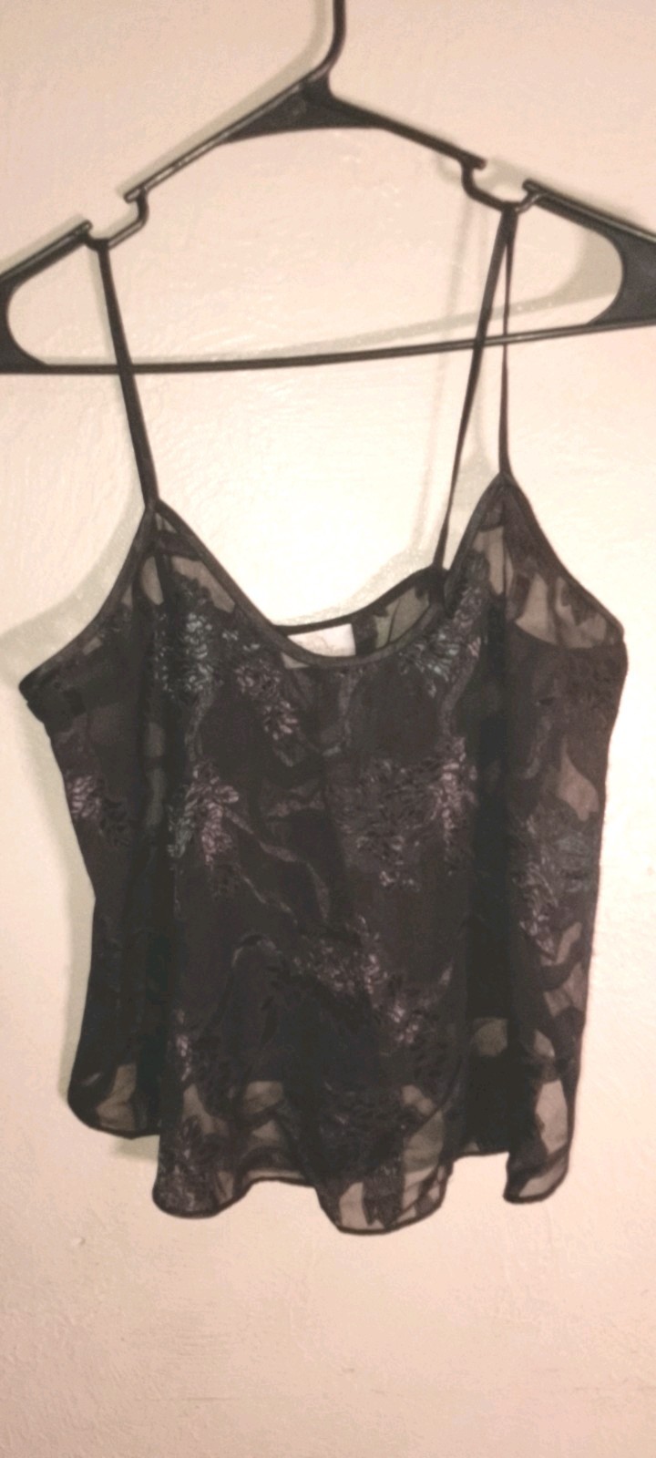 Vtg,90s,LA Intimates, sheer Black Camisole Satin Jacquard Poly/mesh Floral,Lg