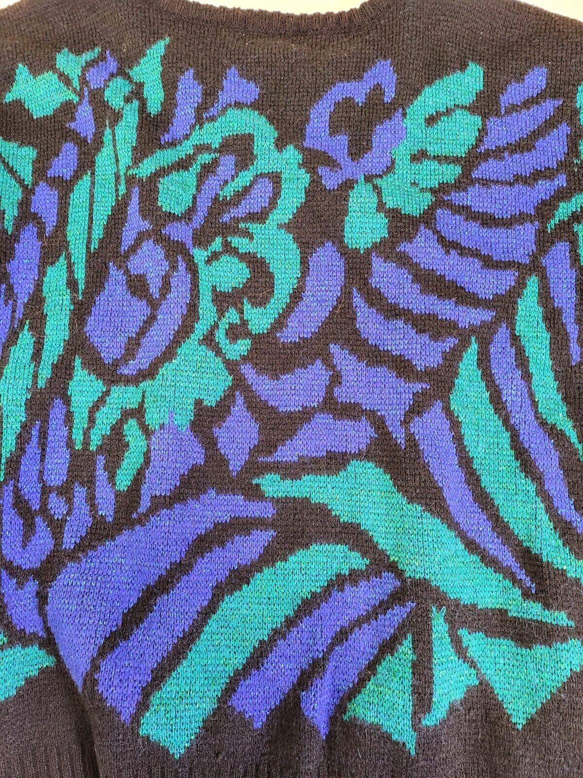 Vintage 80’s Sweater By Rejoice Abstract Design Metallic Purple Green Black 20W