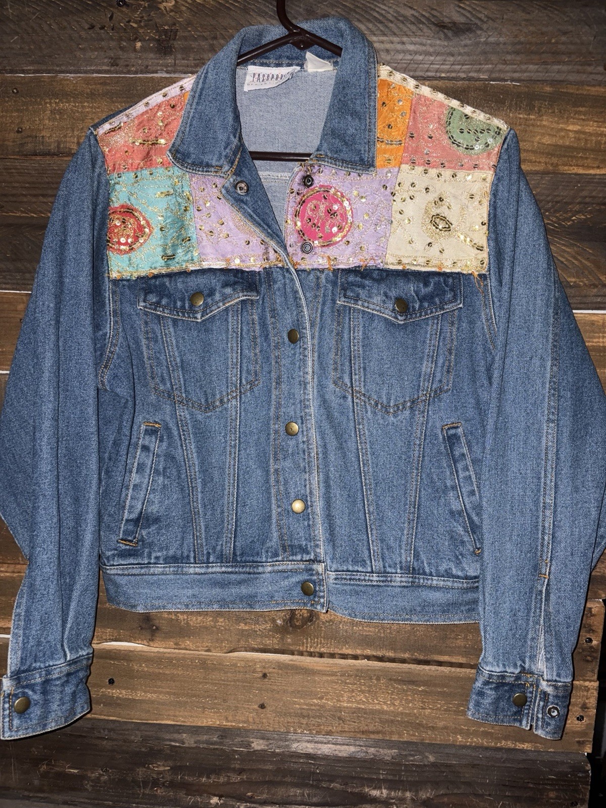 Vintage Passports Pier 1 Imports Boho Denim Jacket Womens Modern Large L Silk