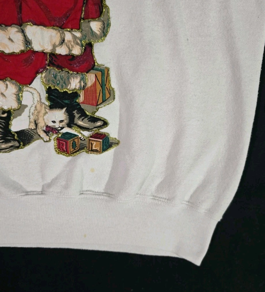 True Vintage 90s SANTA CLAUS Ugly Christmas Glitter Graphic White Sweatshirt XL