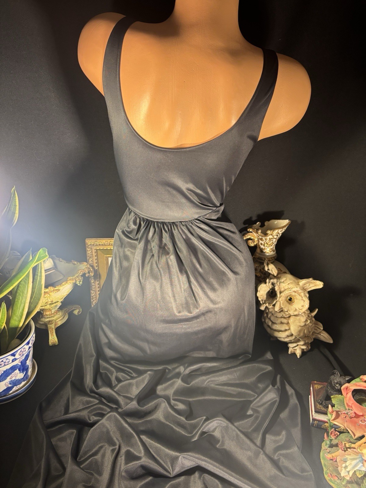 Vtg Silky Jet Black Wrap Bodice Frosted Shiny Long Gown Negligee Nightgown S