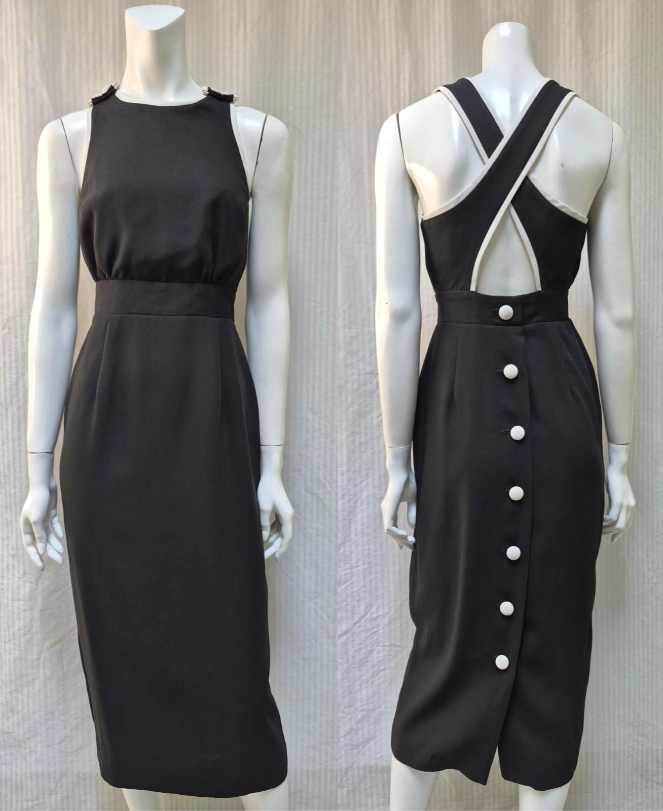 Vintage 1990’s DATIANI Black White Trim Button Back Dress – Size XS/S – EUC