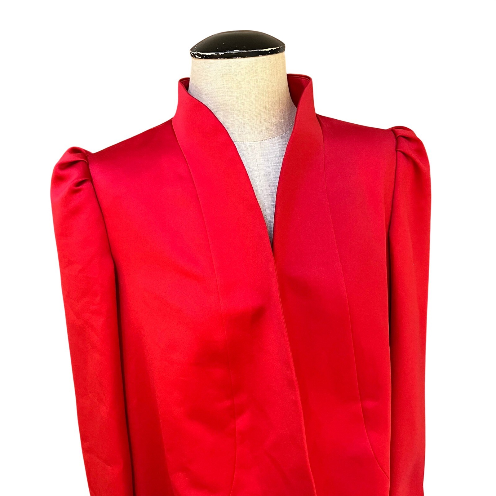 Vintage Estevez Red Silk Open Front Blazer Puffed Shoulder Evening Jacket Sz 8