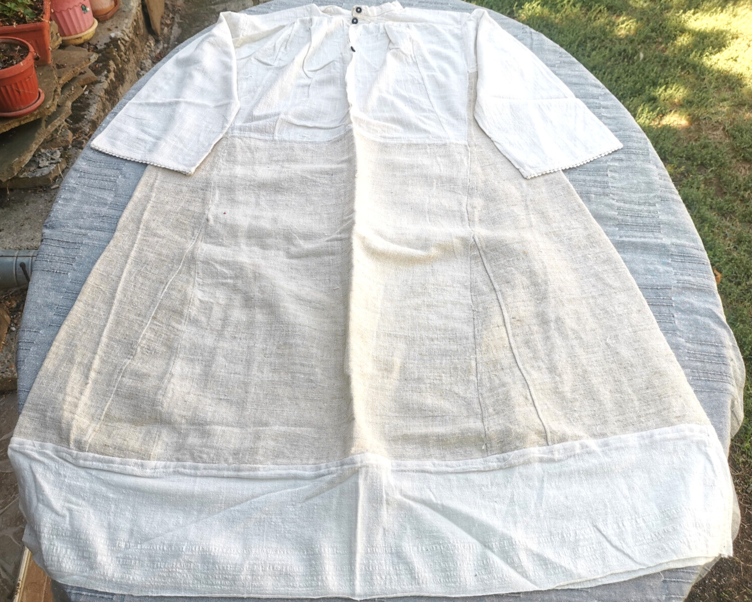OLD PRIMITIVE WOMENs LONG WHITE SHIRT HOMESPUN FABRIC HEMP CLOTH