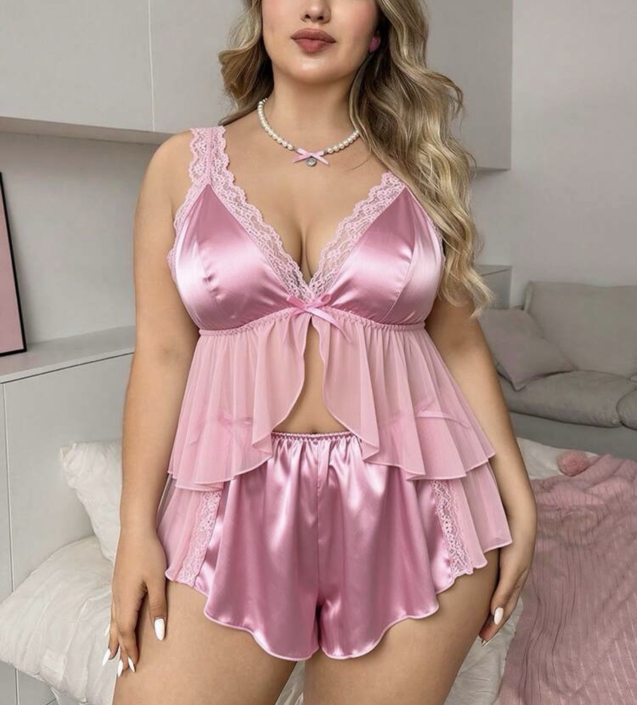 Glossy 2nd Skin Satin & Lace Camisole & Shorts Lingerie Sleep Set PLUS 4XL NEW